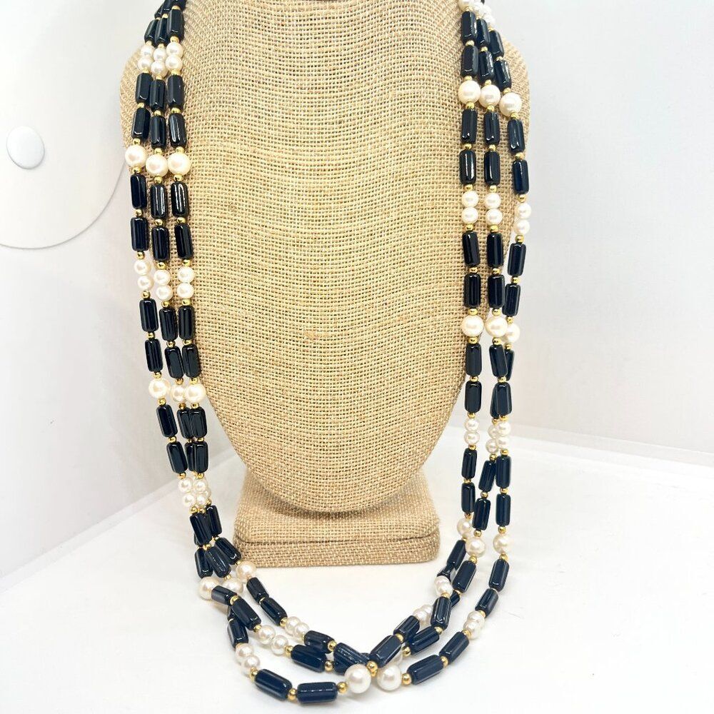 VINTAGE TRIFARI Necklace Black Gold Faux Pearl Multi Strand Signed 30" Long